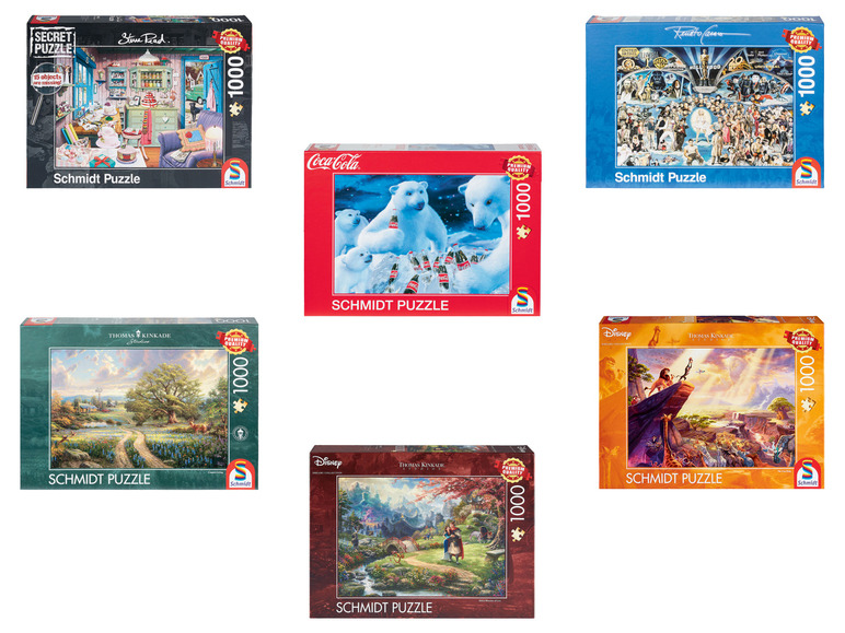 Schmidt-puzzels met Coca-Cola-beren, Thomas Kinkade-landschappen en Disney-motieven