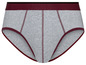 Grijze onderbroek met bordeauxrode rand.