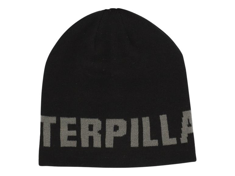Een zwarte gebreide muts met Caterpillar-logo.