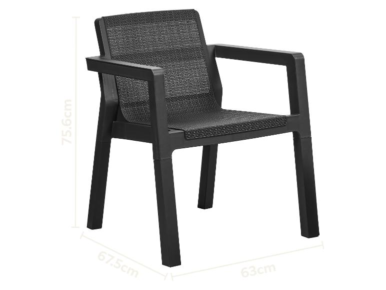 Zwarte tuinstoel met mesh rugleuning en zitting, afmetingen 75.6x67.5x63cm.