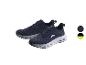 Een paar donkerblauwe sportschoenen met witte zool en zwarte accenten.