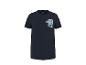 Donkerblauw T-shirt met print van groene auto en palmbomen, met tekst 'ROAD TRIPPIN'.