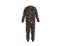Donkere onesie met pompoenen, spinnenwebben en dinosaurus schedels voor Halloween.