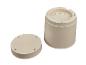 Beige plastic pot met drainage en een aparte basis die afmetingen aangeeft.