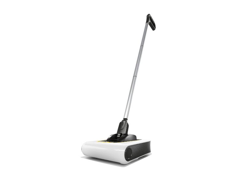 Een witte en zwarte draadloze vloerreiniger met een lange zilveren steel.