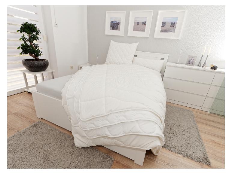 Slaapkamer met wit bed, beddengoed en ladekast, een bonsaiboom en foto's aan de muur.