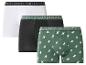 Verpakking van drie herenboxershorts in wit, zwart en groen met paardenpatroon.