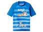 Blauw gestreept rashguard met cartoonhonden die zwemmen en het woord 'BLUEY'.