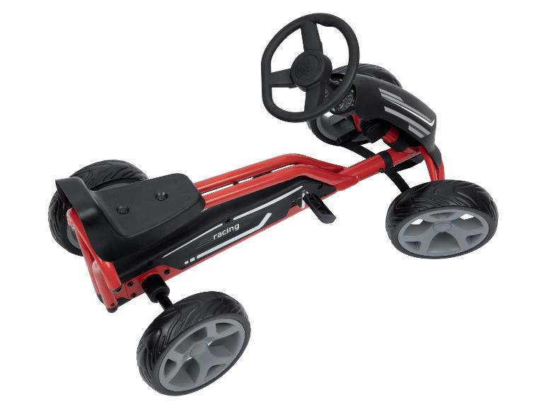 Een rode go-kart met zwarte wielen en een stuur.