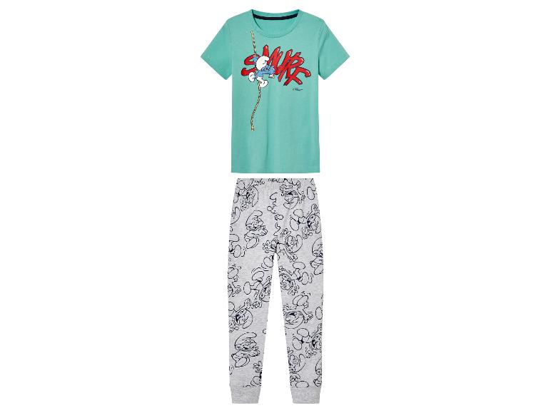 Pyjama met Smurfen print, met een blauwe T-shirt en grijze broek.