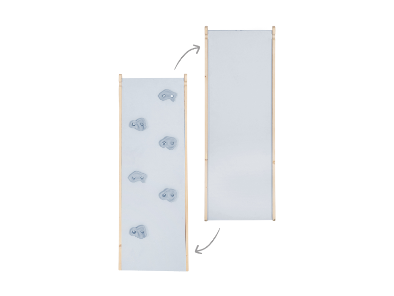 Een kinderklimwand die gemakkelijk in een glijbaan kan worden veranderd.