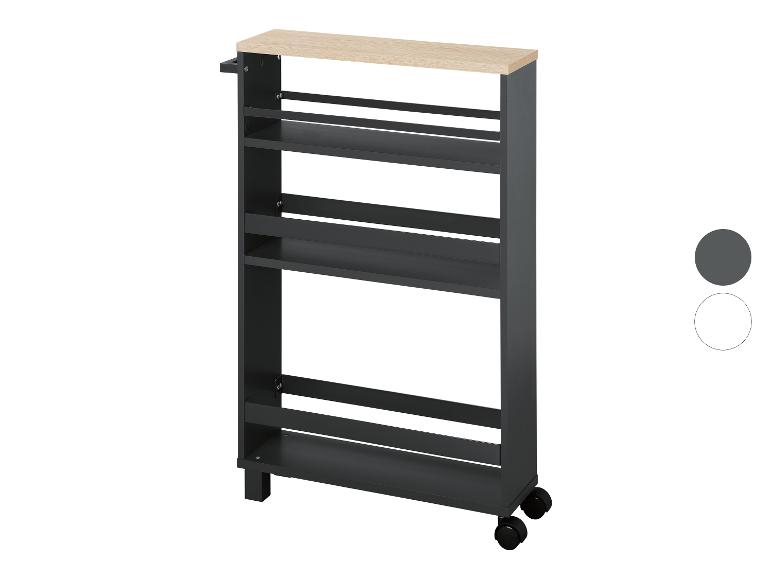 Een smalle, hoge opbergwagen met houten blad en drie planken in grijs.