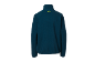 Donkerblauwe fleece met een klein geel logo op de kraag, achteraanzicht.