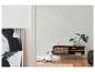 Een witte hond ligt op een vloerkleed in een woonkamer met een houten kast en planten.