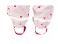 Roze kinderregenbroek met rode en lichtroze hartpatronen en reflecterende strepen.