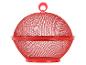 Rode metalen fruitmand en -afdekking met gaas.