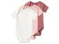 Drie rompertjes met korte mouwen in wit, lichtroze en donkerroze.