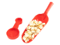 Rode popcornschep gevuld met popcorn en een rode maatbeker.