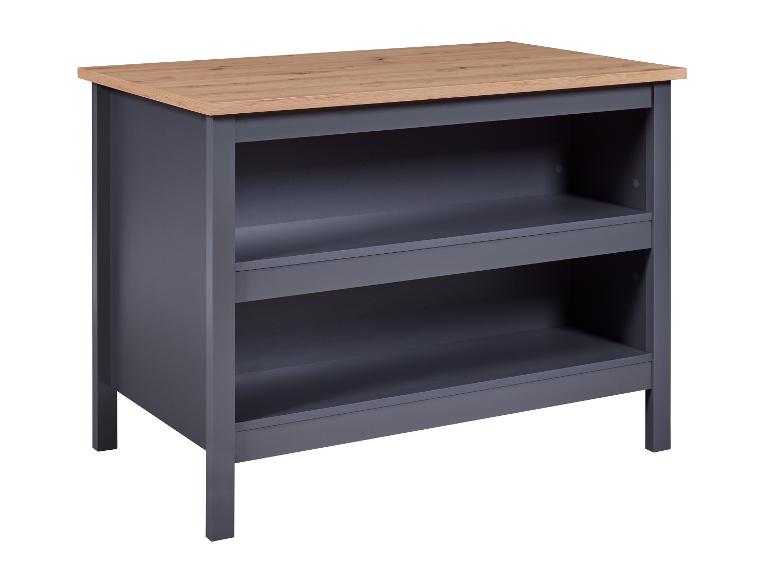 Grijze open kast met houten blad.