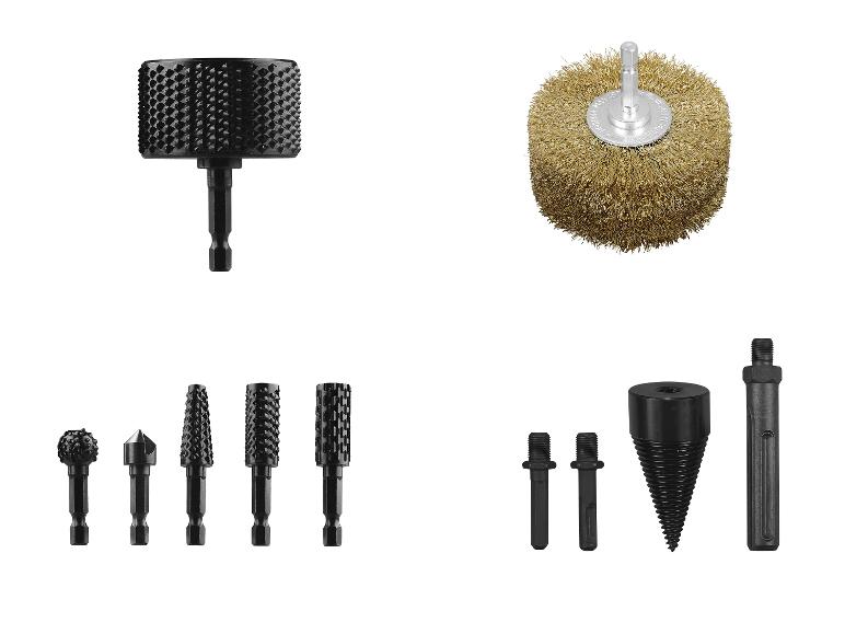 Een assortiment boren en borstels, waaronder houtsnijbits en een draadborstel.