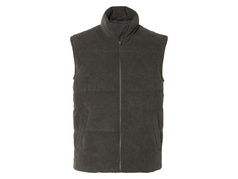 Een donkergroene, gewatteerde bodywarmer van corduroy.