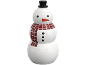 Een witte sneeuwpop met zwarte hoed, oranje wortelneus, zwarte ogen en knopen, en een rood-wit geruite sjaal.