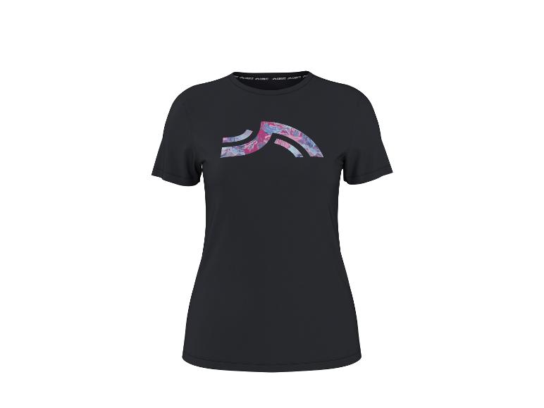 Zwart dames T-shirt met een abstract roze en blauw patroon op de voorkant.