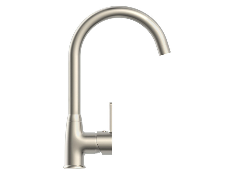 Een zilveren keukenkraan met een hoge uitloop.