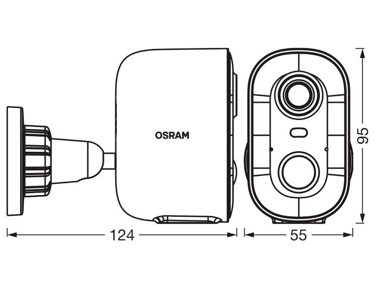 Technische tekening van een beveiligingscamera met afmetingen: 124mm lengte, 95mm hoogte, 55mm breedte.