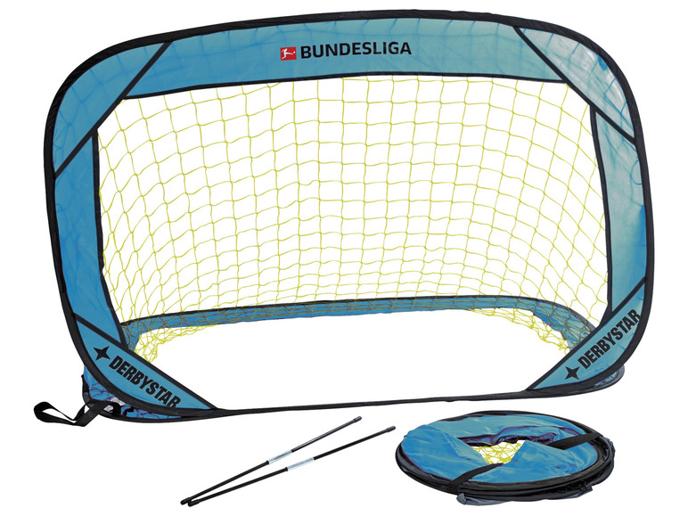 Derbystar voetbaldoel met Bundesliga logo, inclusief palen en opbergzak.