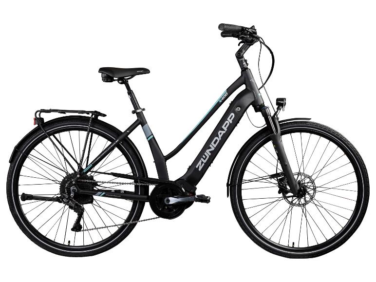 Zwarte Zündapp X400 elektrische fiets met banden en zadel.