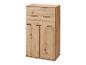 Houten kast met drie laden en twee deuren, met metalen handgrepen.