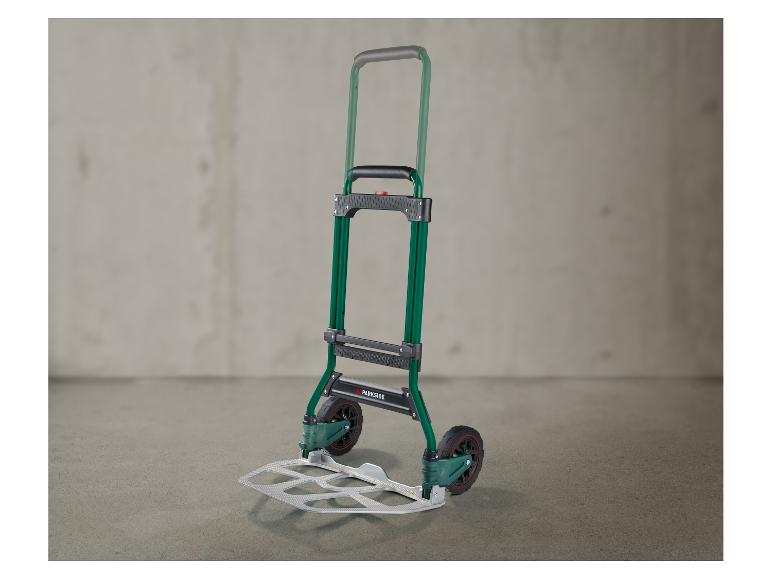 Parkside opvouwbare steekwagen voor ladingtransport, groen en zwart, op grijze achtergrond.
