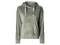 Olijfgroene fluwelen hoodie met satijnen trekkoord.