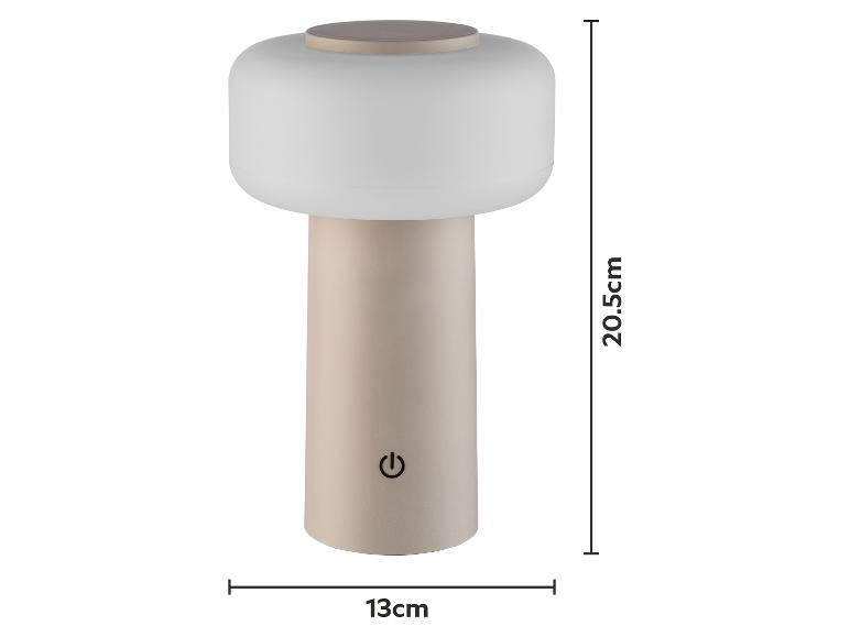 Beige tafellamp met matte witte kap, 20,5 cm hoog en 13 cm breed.