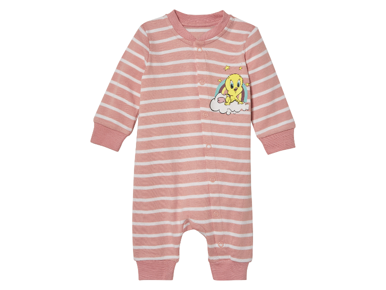 Roze en witte gestreepte baby romper met Tweety print.