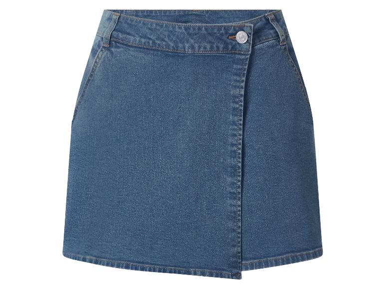 Blauwe denim rok met overslag en knoop