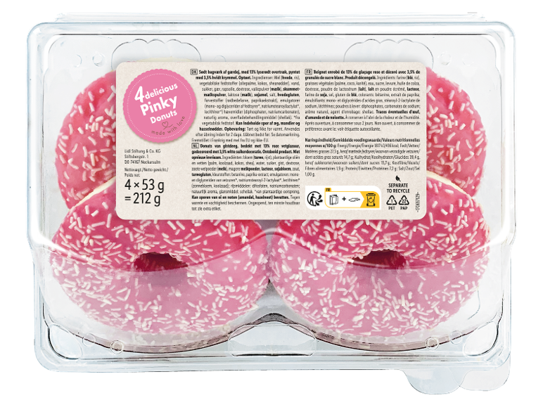 Vier roze donuts met hagelslag in een transparante verpakking, met productetiket.