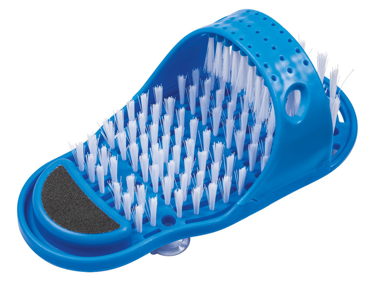 Blauwe voetenschrobber met witte borstels.