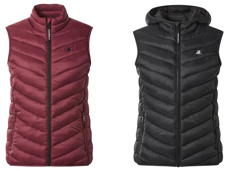 Twee U.S. Grand Polo gewatteerde bodywarmers, één bordeaux met opstaande kraag en één zwart met capuchon.