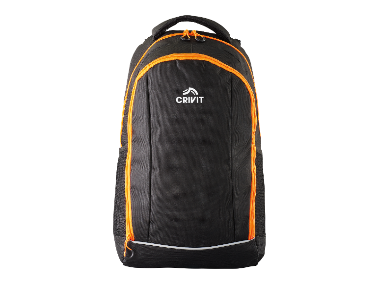 Zwarte Crivit rugzak met oranje details.