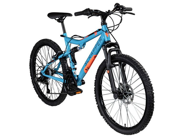 Blauwe mountainbike met voorvering en schijfremmen, merk Scraper.