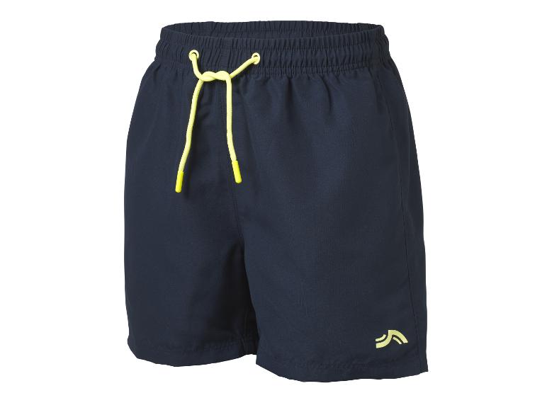 Donkerblauwe herenzwemshort met geel trekkoord en een klein geel logo.