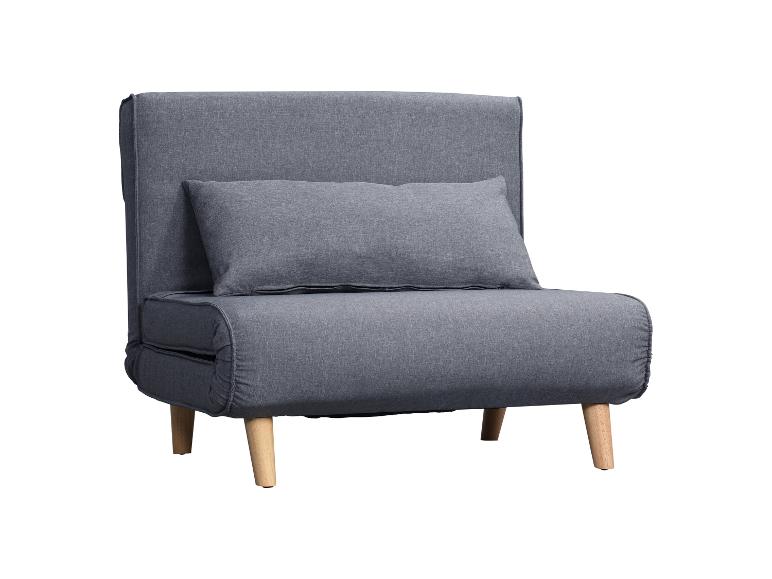 Grijze opvouwbare fauteuil met kussen op een witte achtergrond