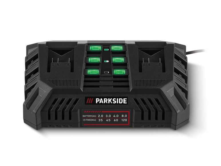 Een zwarte Parkside batterijlader met vier laadstations.