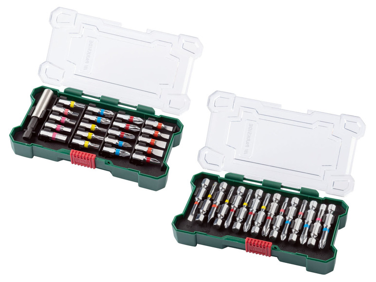 Twee sets schroevendraaierbits in een groene doos.