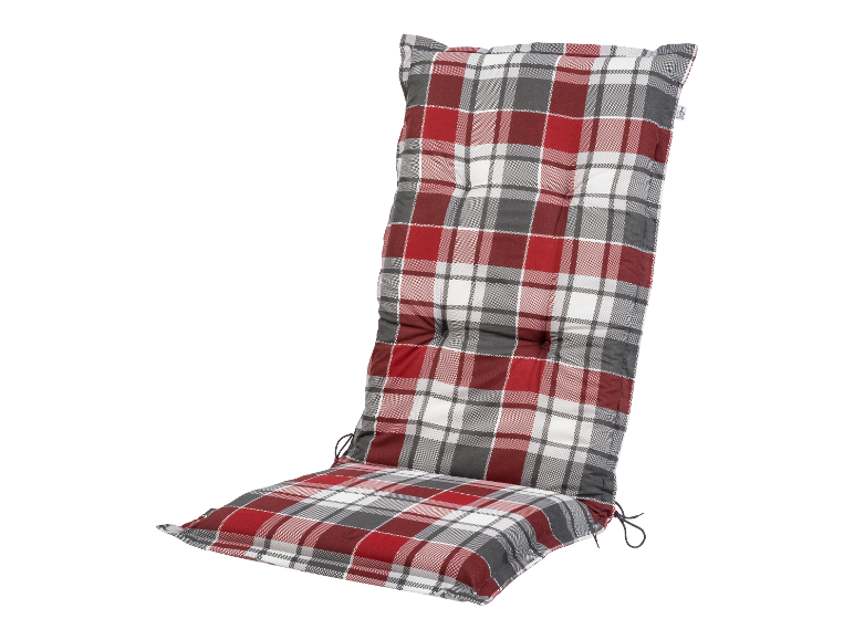 Een rode en grijze geruite stoelkussen.