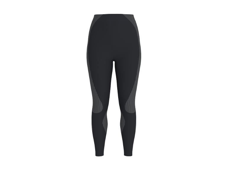 Donkergrijze sportlegging met verticale strepen aan de zijkanten en dijen.