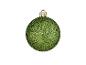 Een groene glitter kerstbal met een gouden dop en hanger.