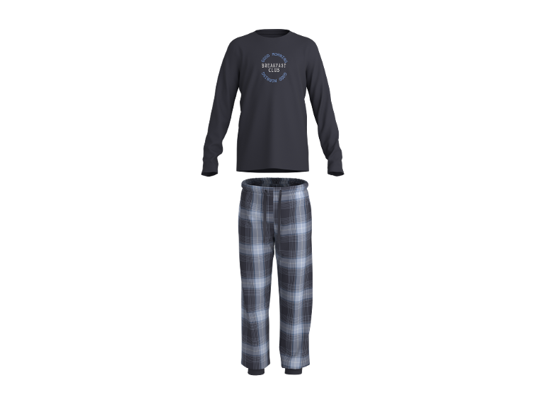 Donkerblauwe pyjama met een shirt met lange mouwen met de tekst 'GOOD MORNING BREAKFAST CLUB' en geruite broek.